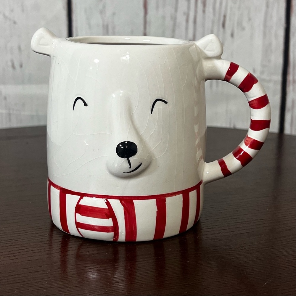 POLAR BEAR holiday mug white and red crackle glazed ceramic